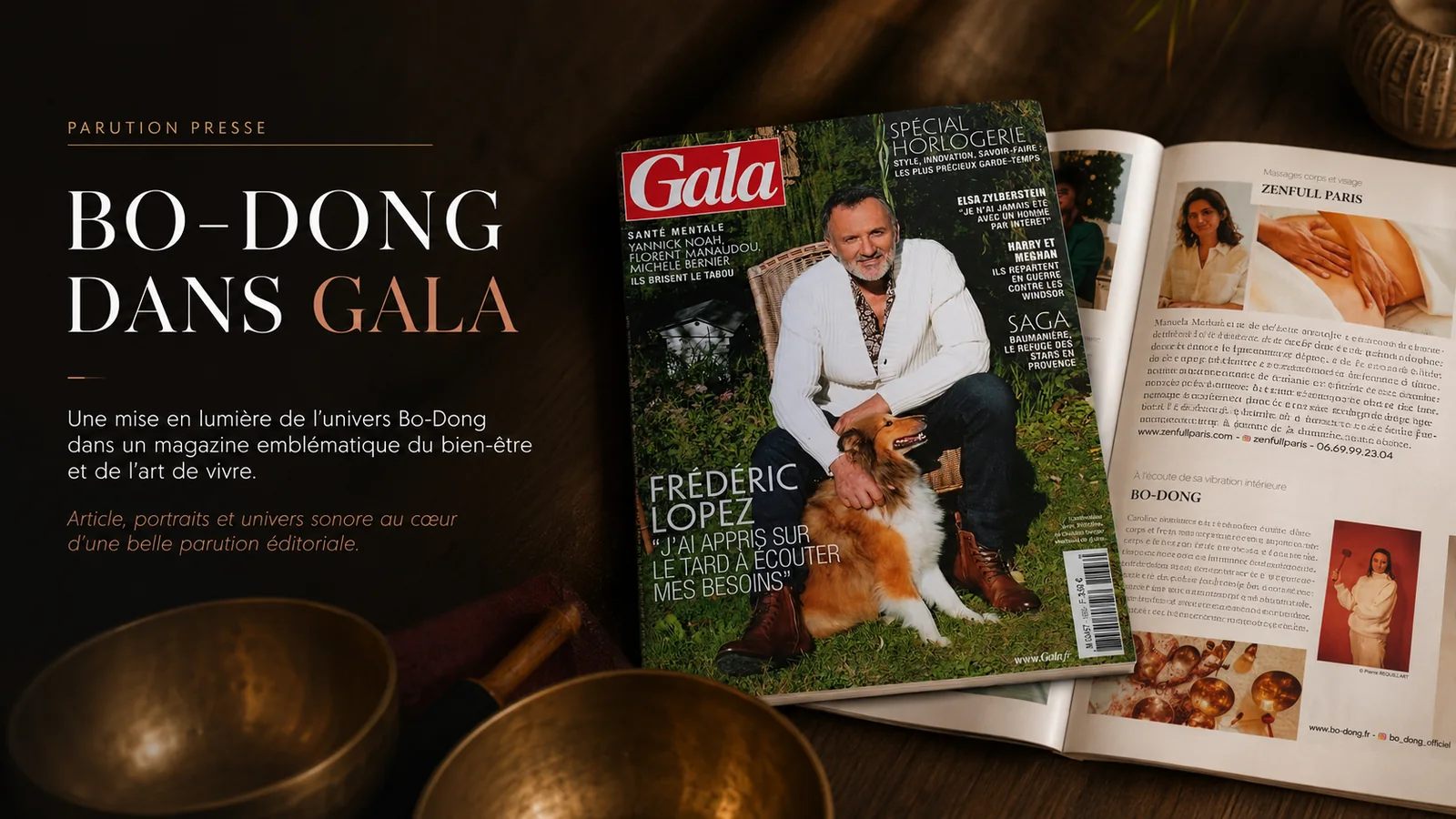 Parution de Bo-DONG dans le magazine Gala : double page « À l'écoute de sa vibration intérieure », photographies créditées Pierre Requillart