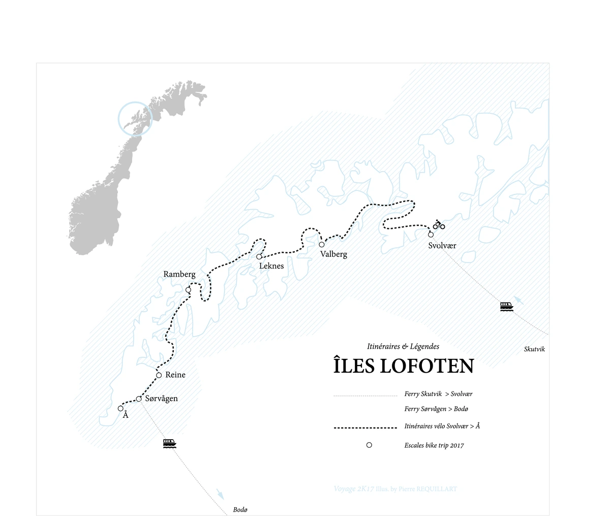 Carte dessinée des îles Lofoten avec l'itinéraire à vélo