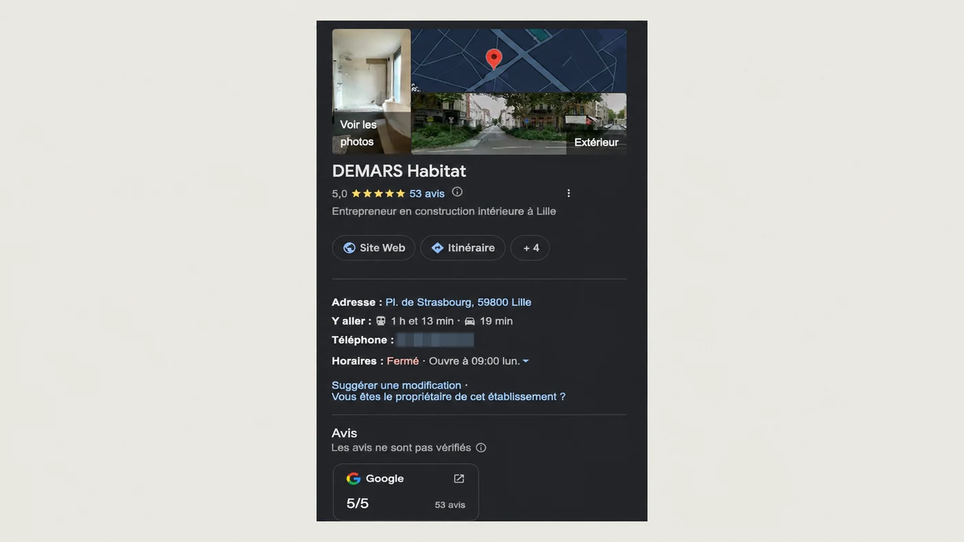 Fiche Google Business de DEMARS Habitat : note de 5 sur 5, 53 avis, catégorie entrepreneur en construction intérieure à Lille