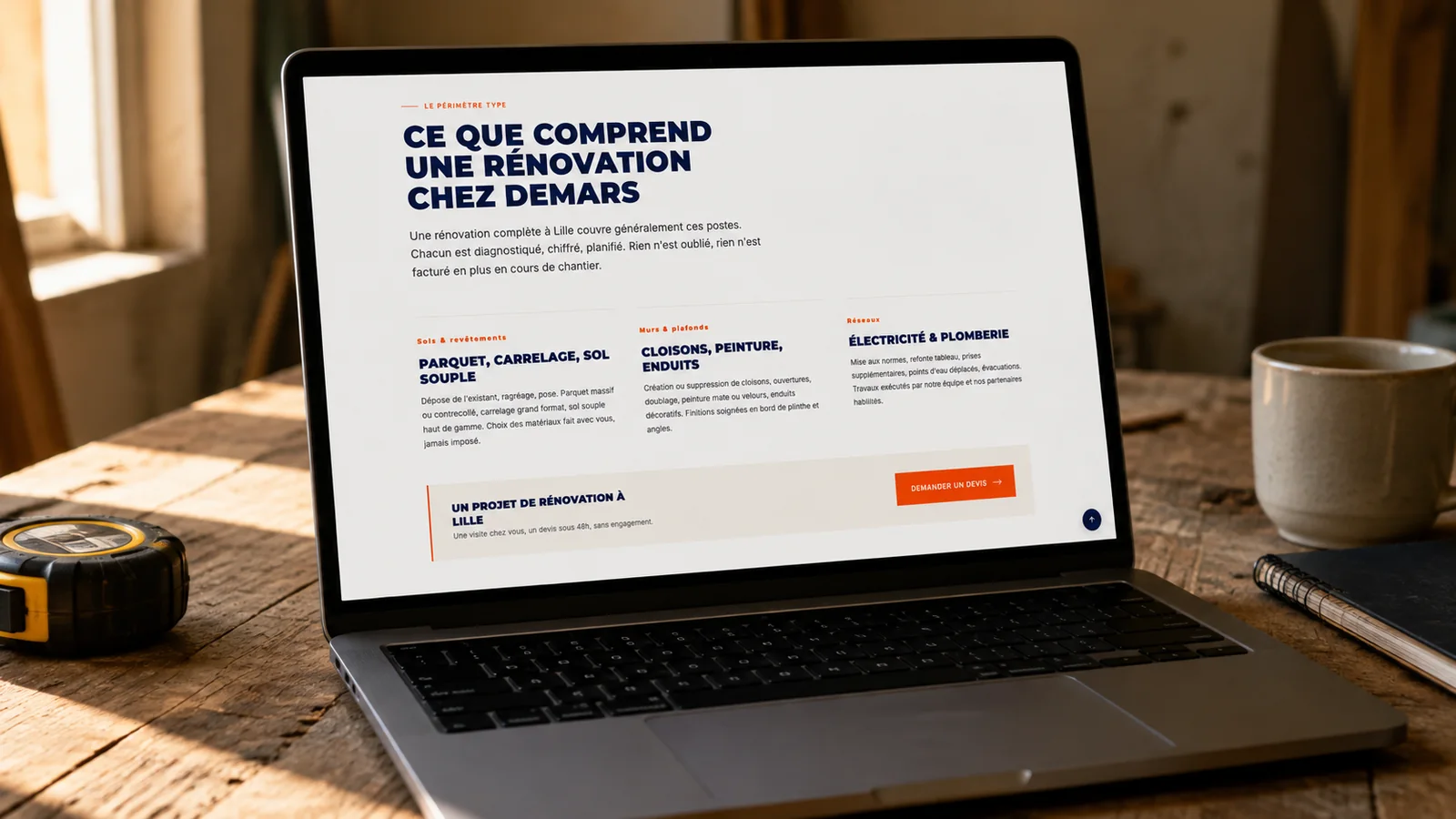 Page de service du site DEMARS Habitat détaillant le périmètre d'une rénovation complète, poste par poste